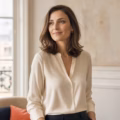 Femme souriante en chemisier crème dans un intérieur lumineux.
